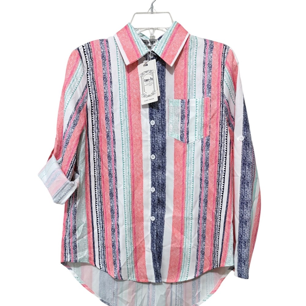 Coeur‎ de Vague Womens Small NWT Striped Button Down Roll Tab Sleeve Shirt Pink